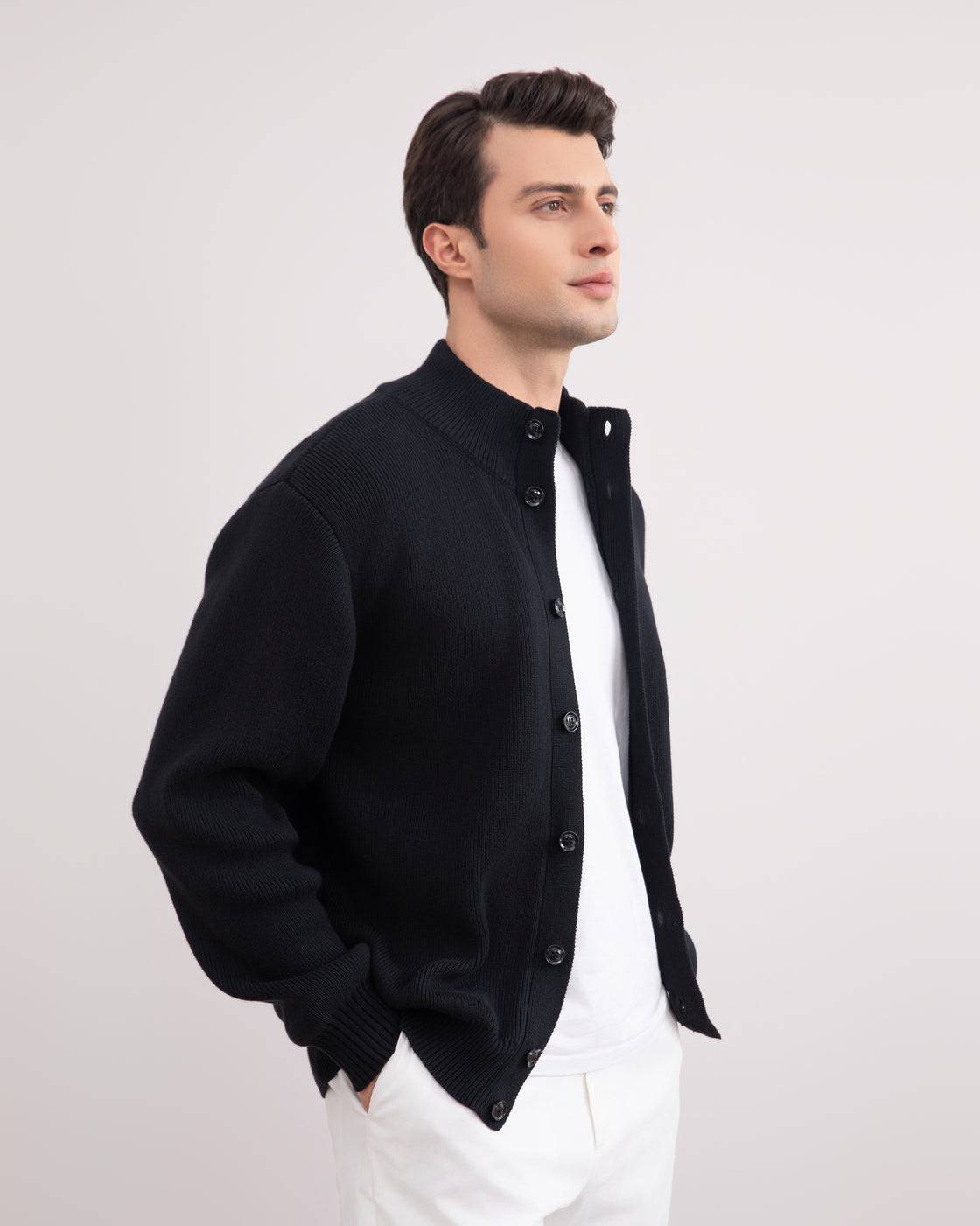 Black Ribbed Button Closure Cardigan - Tour&Tate