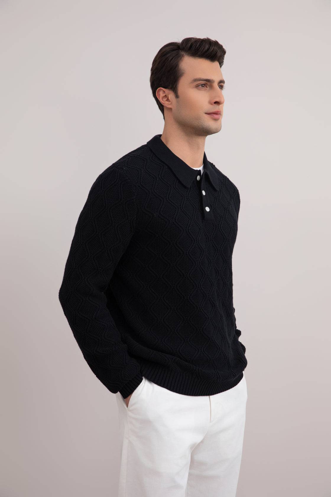 Black Honeycomb Polo Sweater - Tour&Tate