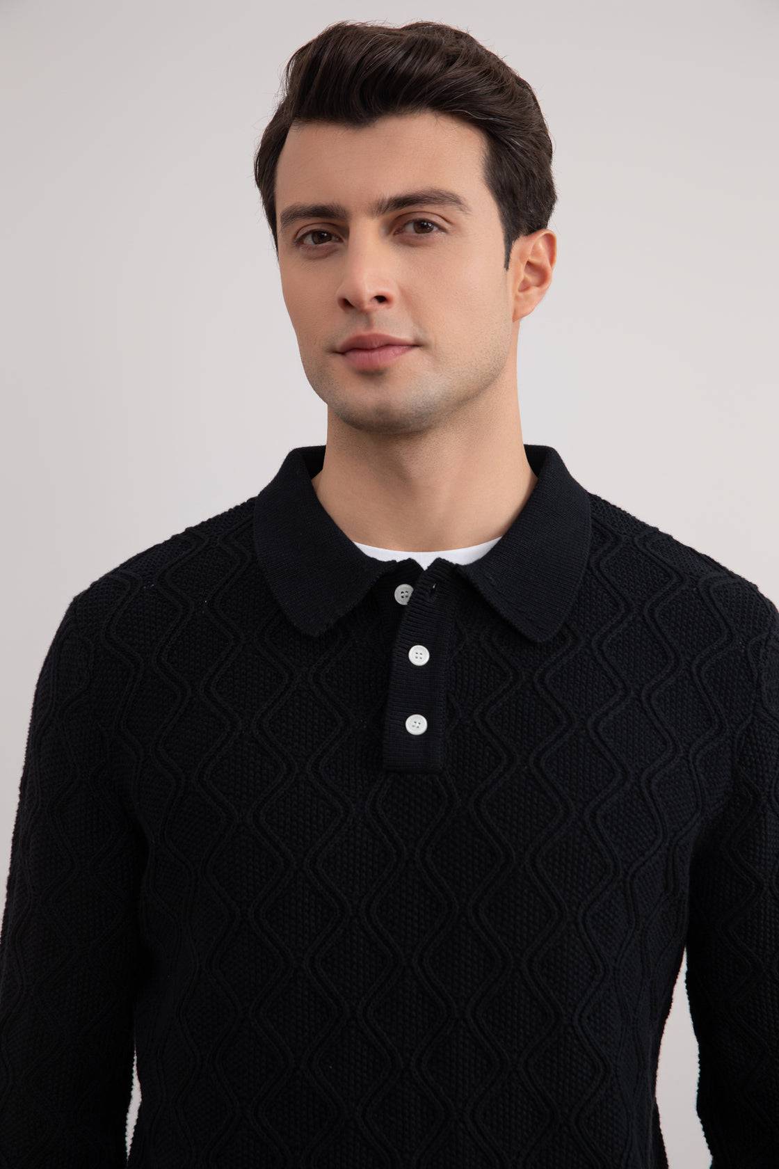 Black Honeycomb Polo Sweater - Tour&Tate