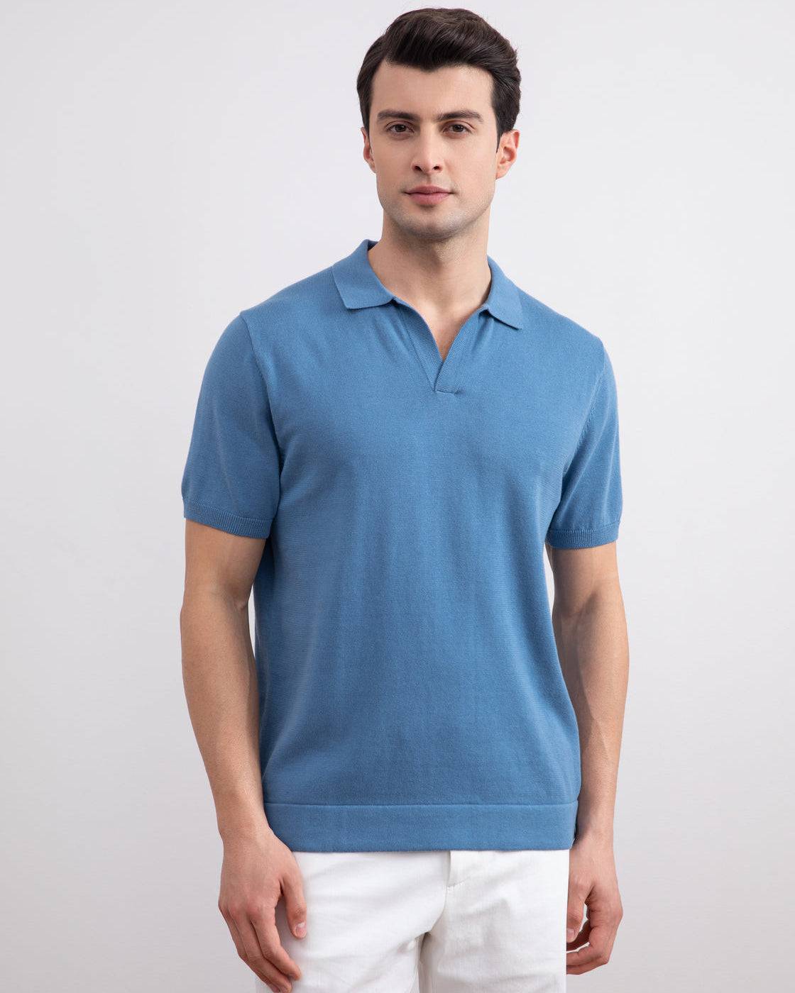 Dusty Blue Open Polo T-shirt - Tour&Tate
