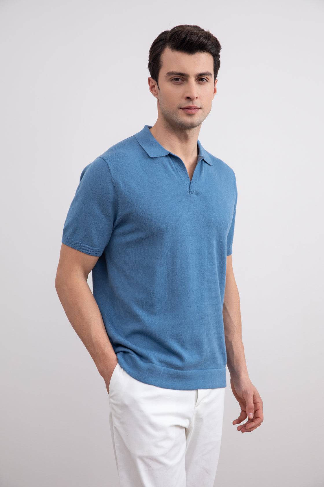 Dusty Blue Open Polo T-shirt - Tour&Tate