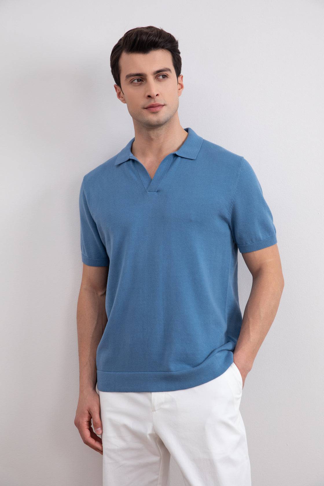Dusty Blue Open Polo T-shirt - Tour&Tate
