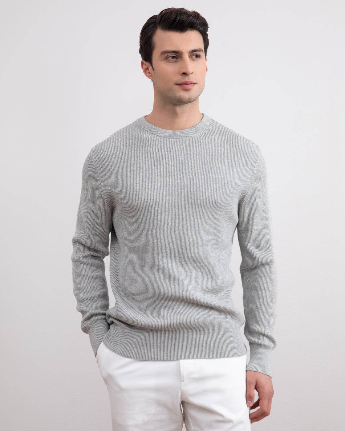 Grey Mélange Crewneck Malfilé English Rib Sweater - Tour&Tate