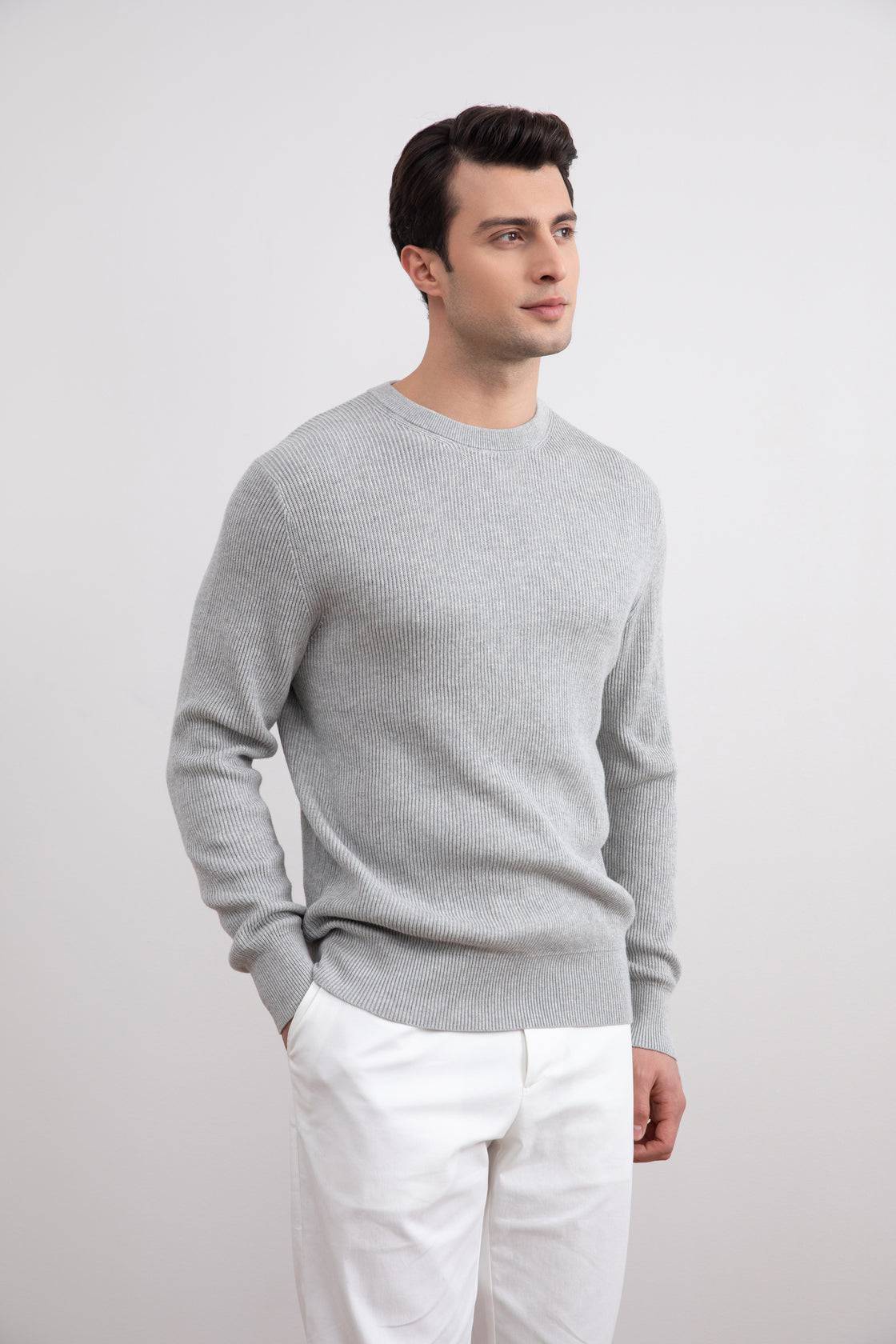 Grey Mélange Crewneck Malfilé English Rib Sweater - Tour&Tate