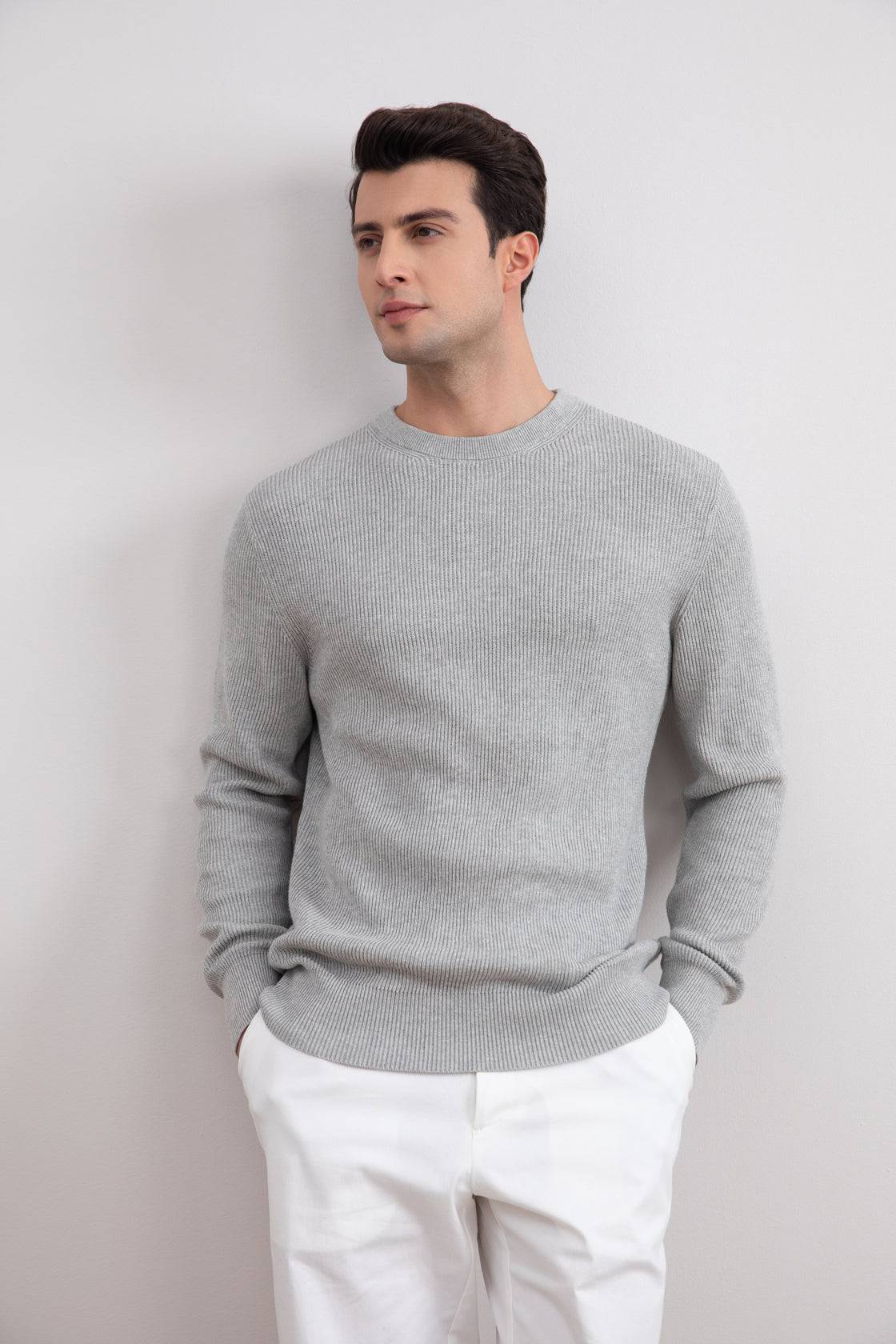 Grey Mélange Crewneck Malfilé English Rib Sweater - Tour&Tate