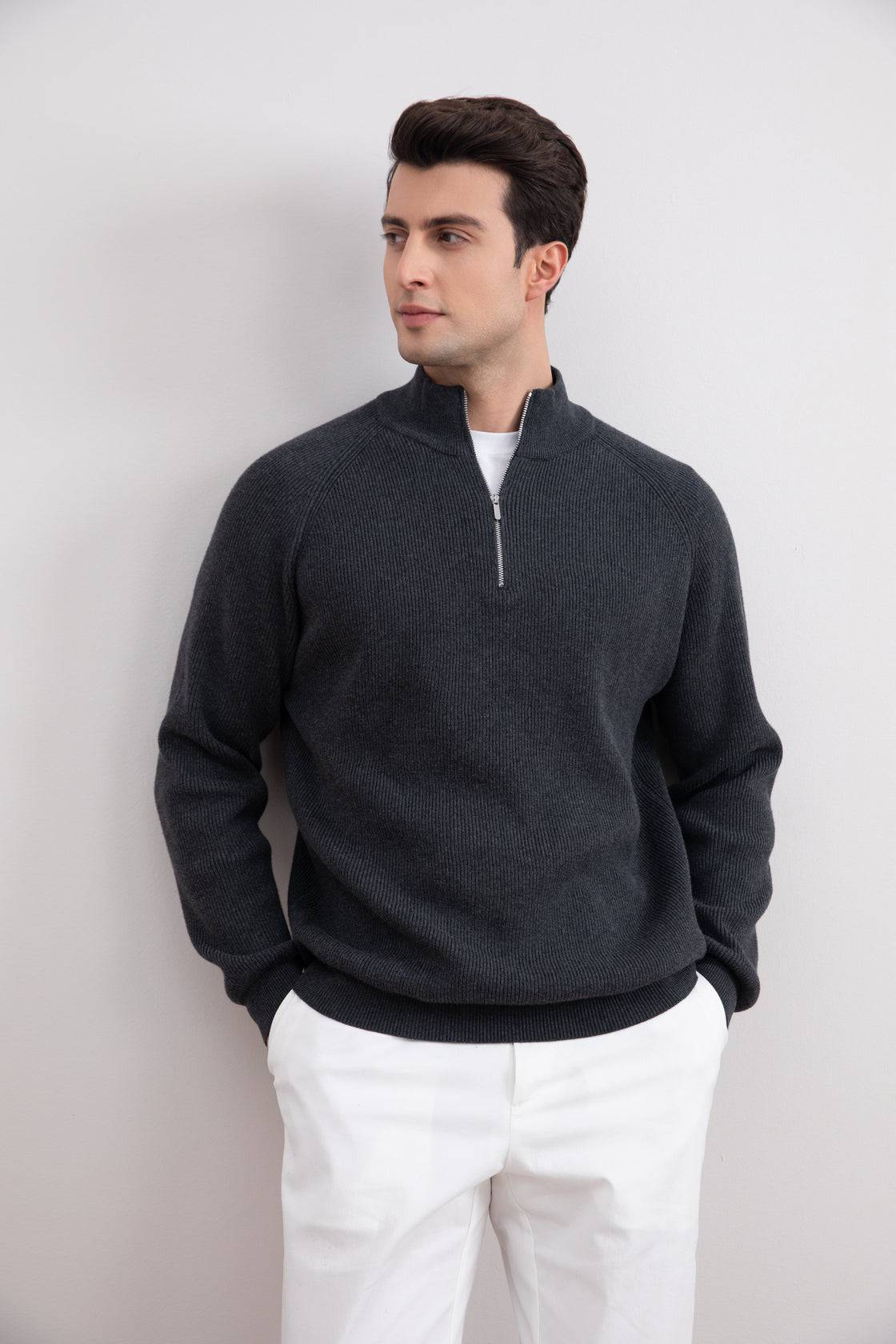 Charcoal English rib turtleneck half-zip sweater - Tour&Tate