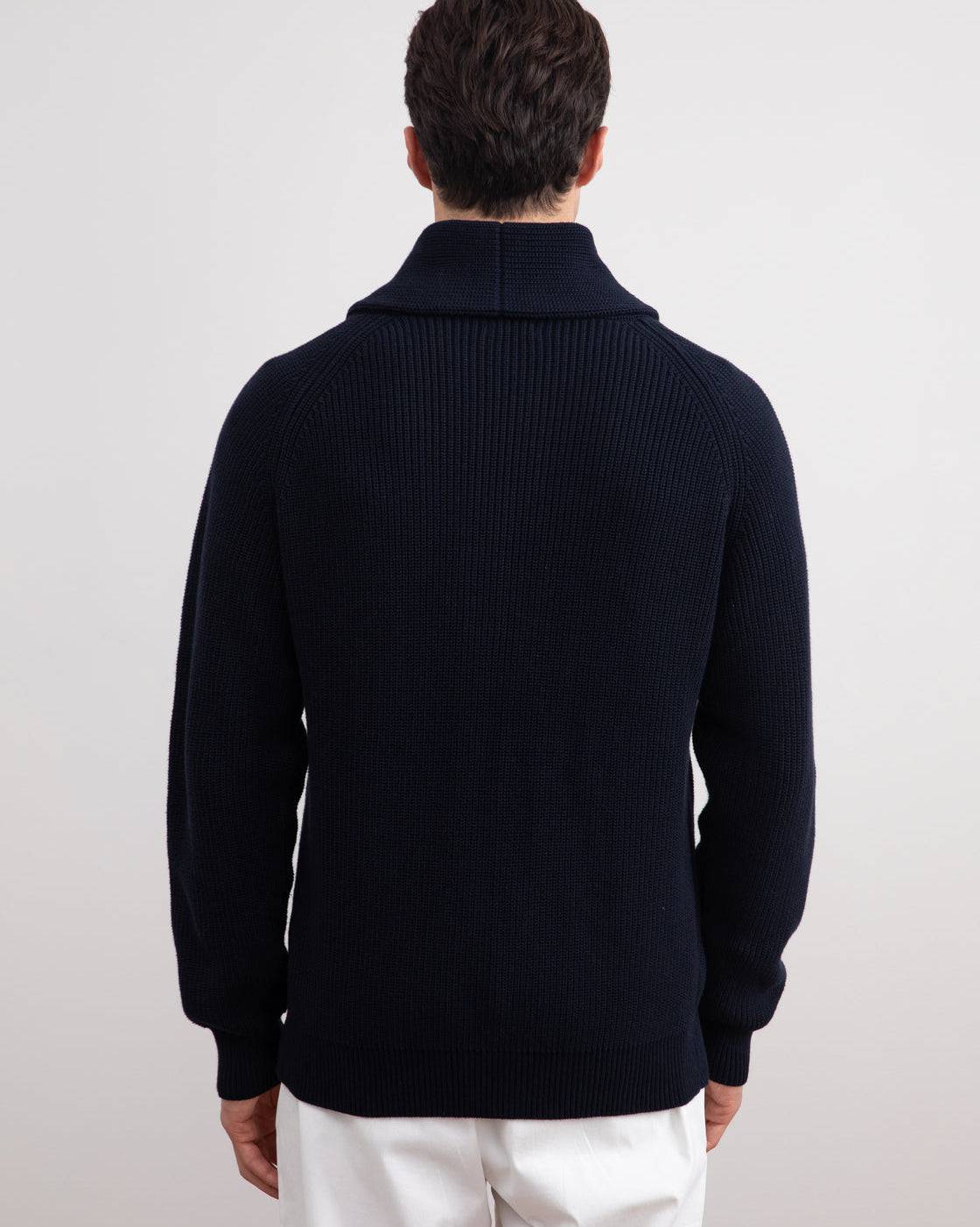 Navy Shawl-Collar Ribbed Cardigan - Tour&Tate