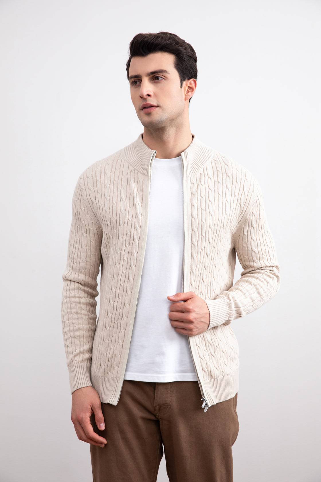 Beige Cable Knit full-zip Sweater - Tour&Tate