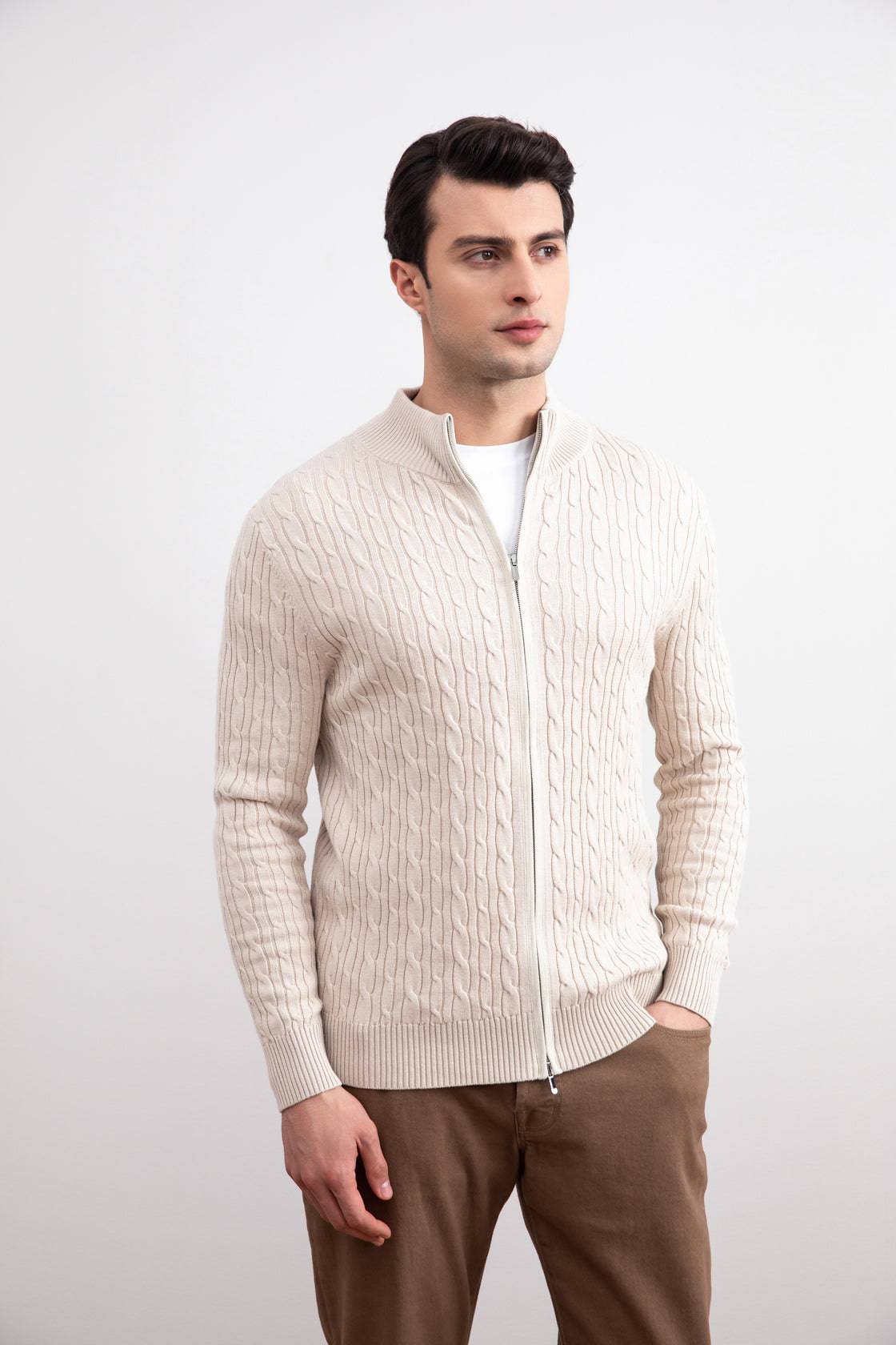 Beige Cable Knit full-zip Sweater - Tour&Tate