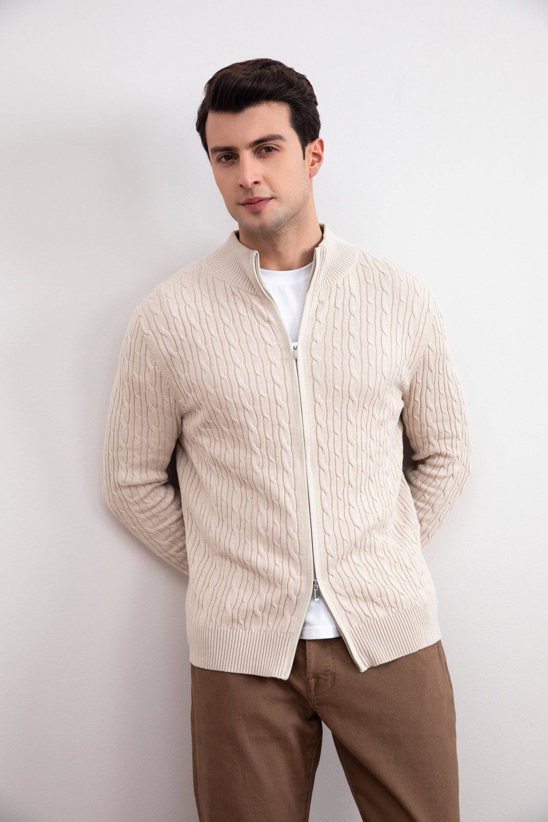 Beige Cable Knit full-zip Sweater - Tour&Tate
