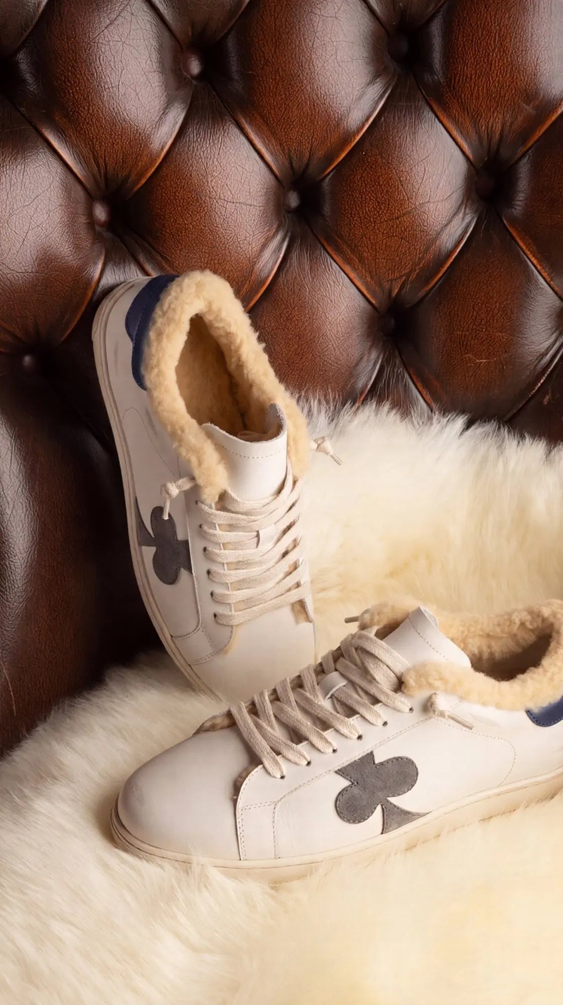 Toscan Sneakers White Leather Navy Heel with Wool
