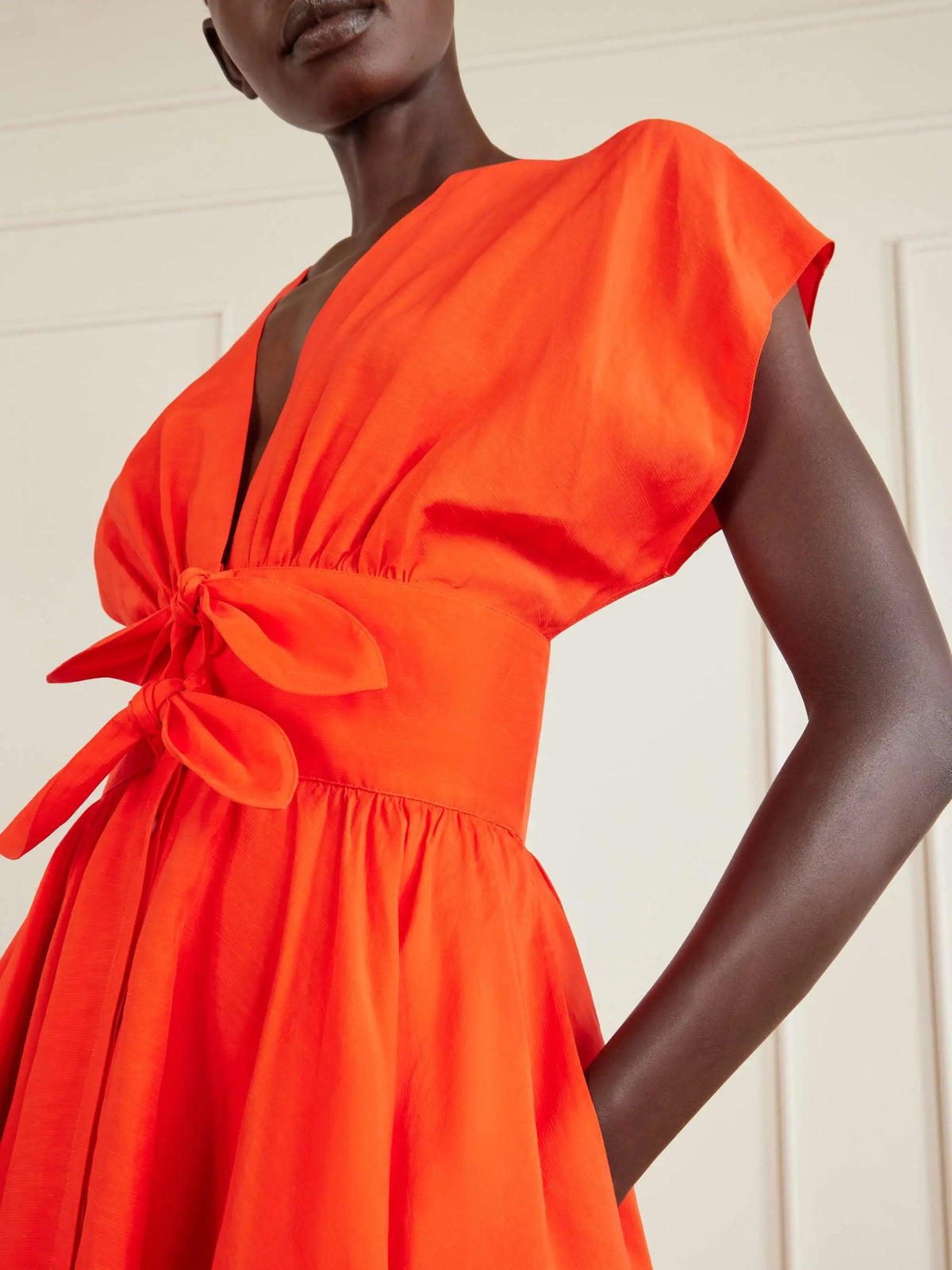Knot-detailed belted cotton midi dress orange Too Much Today
