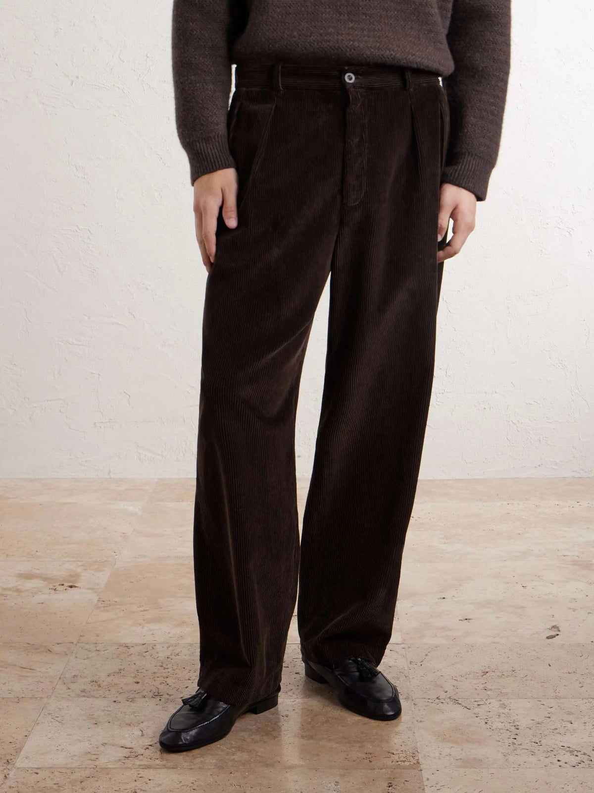 Straight-Leg Pleated Cotton-Corduroy Trousers